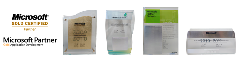 Logo and Certificates of Microsoft Gold Certified Partner - Gold Application Development over the years