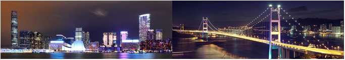 漂亮燈飾下的香港夜景:維港(尖沙咀海旁)和青馬大橋